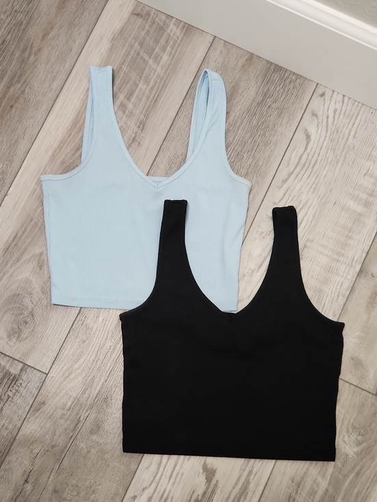 SHEIN Tops - SHEIN Light Blue & Black Ribbed V-Neck Crop Tanks - 2 Pack